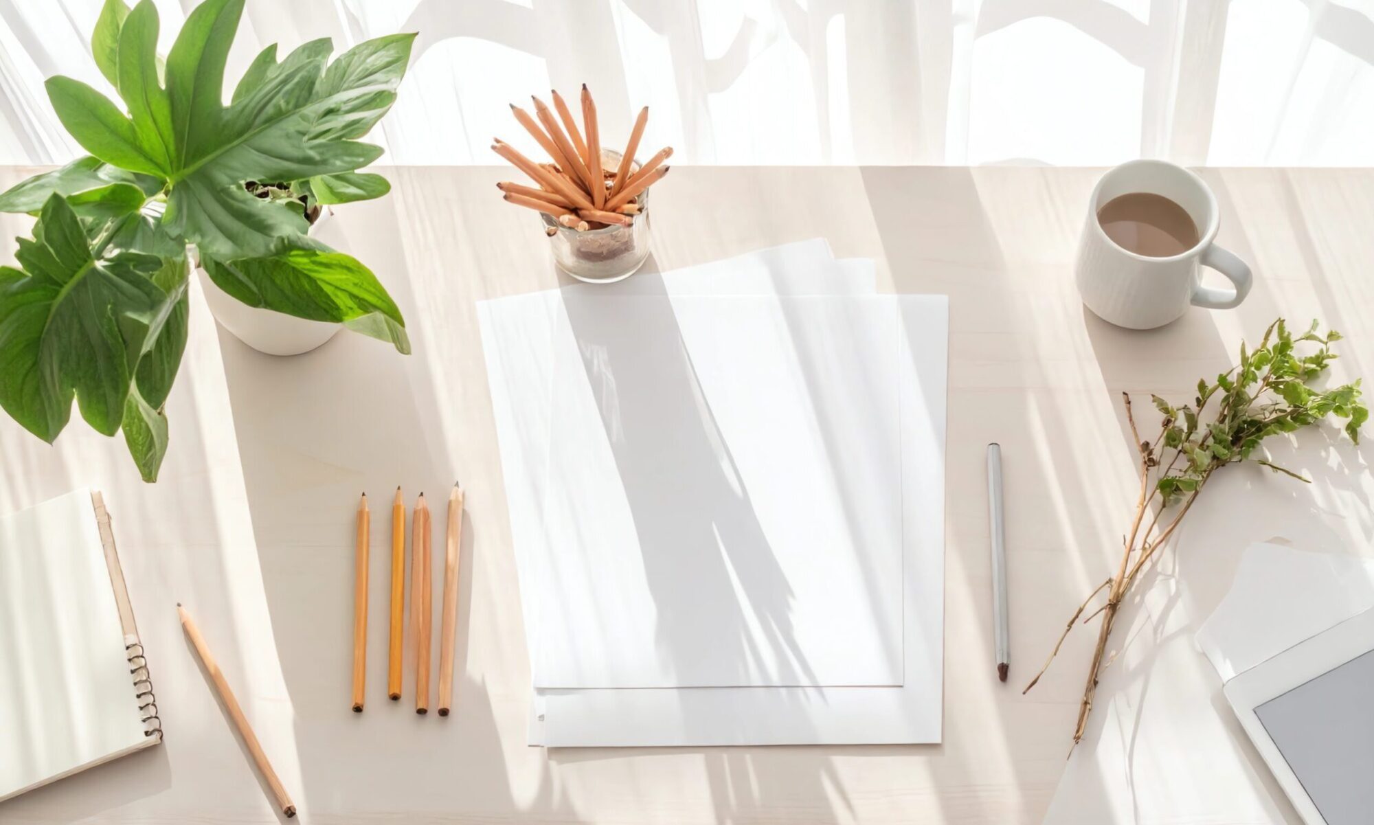 firefly bright, cozy workspace with a light wooden or white desk. plants, on the desk are nea 316447 (1)